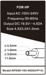 NPA90-195-4620 (HP14) Gembird punjač za laptop 90W-19.5V-4.62A, 4.5x3.0mm blue PIN