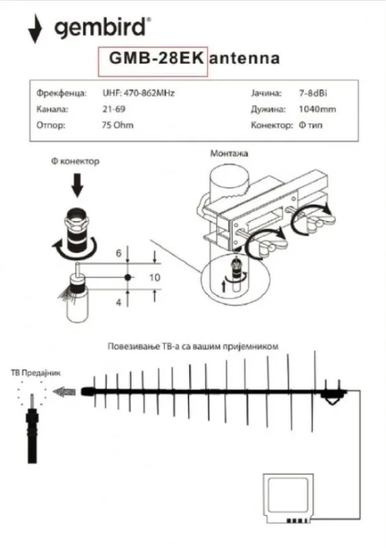 Gembird Antena Loga UHF sa F konektorom 28 elemenata, dužina 104cm, dobit 9dB alumini.688 (GMB-28EK)