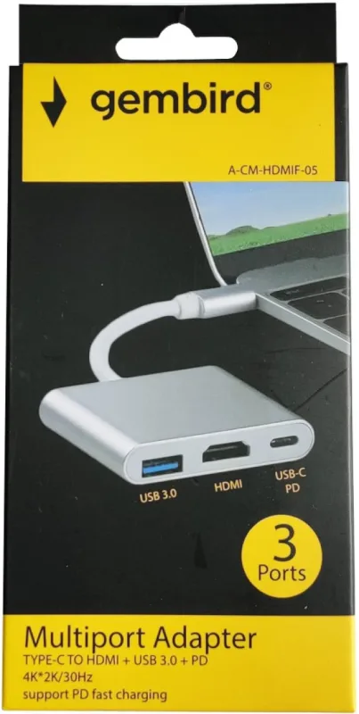 Gembird TYPE-C TO HDMI + USB3.0 + PD ALUMINIUM ( 735) (A-CM-HDMIF-05)