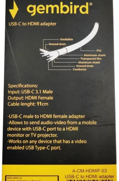 Gembird TYPE-C TO HDMI 11cm CABLE (A-CM-HDMIF-03)