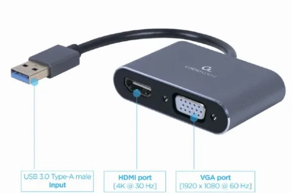 Gembird USB to HDMI + VGA display adapter, space grey (A-USB3-HDMIVGA-01)