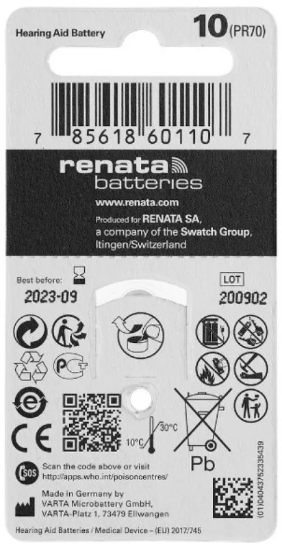Renata baterija ZA10 1,45V Zink-Air baterija za SLUSNI APARAT, PAK6 (cena po kom.)