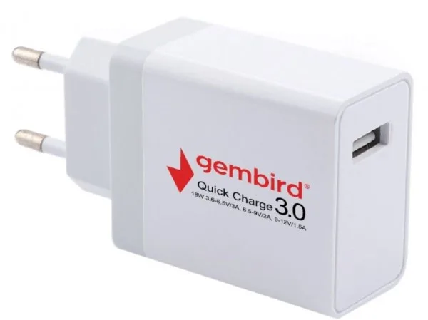 Gembird QC3.0 brzi punjač +Type C USB kabl,18W 3.6-6.5V/3A, 6.5V-9V/2A, 9V-12V/1.5A(351) (NPA-AC36)