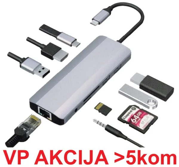 51653 Gembird USB Type-C 9in1 multi-port adapter USB-C+HUB+HDMI+PD+card+RJ45 Gbit (A-CM-COMBO9-03)
