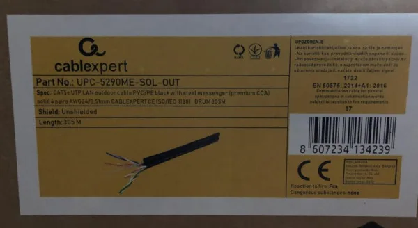 Gembird UTP cat.5E Outdoor+SAJLA, solid 24AWG, PREMIUM CCA kotur pun presek 305m (UPC-5290ME-SOL-OUT)