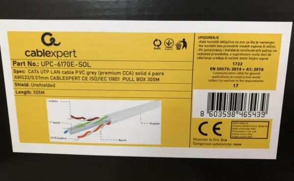 Gembird UTP cat.6 Indoor solid 23AWG, 0.57mm PREMIUM CCA kotur pun presek 305m (UPC-6170E-SOL)