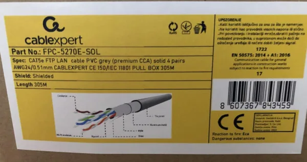 Gembird FTP cat5E Indoor, solid 24AWG, 0,51mm PREMIUM CCA kotur pun presek 305m (FPC-5270E-SOL)