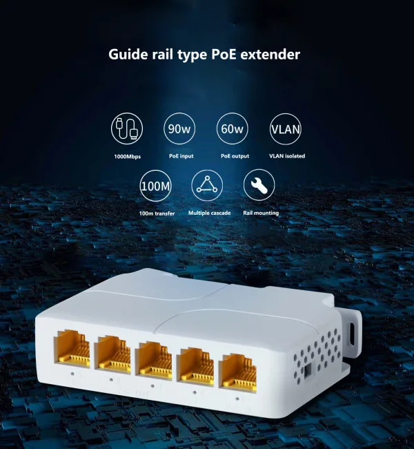 54690 POE-EXT-14G 5 port, 1000mbps POE extender, 30/60W 8W/port, POE voltage 44-57Vdc, 100m, 802.3af/at