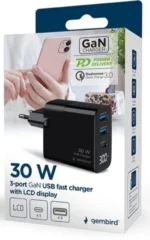 TA-UC-PDQC30LCD-BK-02 Gembird GaN USB brzi punjac, 30W 3-port (2xUSB-A+ USB-C), LCD, black - Slika 9