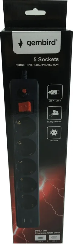 SPG5-B-10(3G1.5)Gembird produzni kabl sa zaštitom i 5 uticnica, 5V/3.1A USB-A+C 16A/3500W 3m