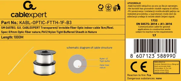 64747 Gembird Opticki kabl 1-vlakno SM G657B3, GJI, transparentni, INDOOR, 1000m (KABL-OPTIC-FTTH-1F-B3)