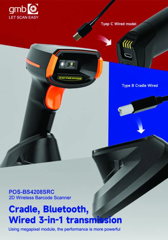 GMB 2d/OCR CMOS barcode scanner with CRADLE, barkod skener 2000mAh, 1MP, BT/WiFi (POS-BS4208SRC)