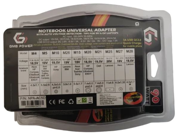 Gembird univerzalni laptop punjač AC 90W + QC3.0 mob.brzi punjač 3A, auto voltage (NPA-AC5D)