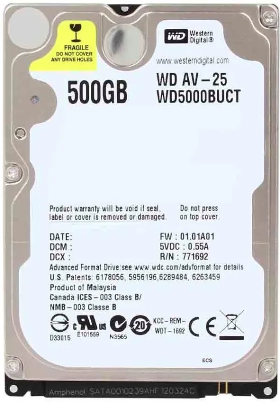 Hard disk 2.5" 500GB WD5000BUCT WD AV-25 24/7 5400rpm 16mb SATA 9.5mm