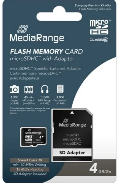 Mediarange germany memorijske kartice 4gb micro sdhc+adap c10/mr956