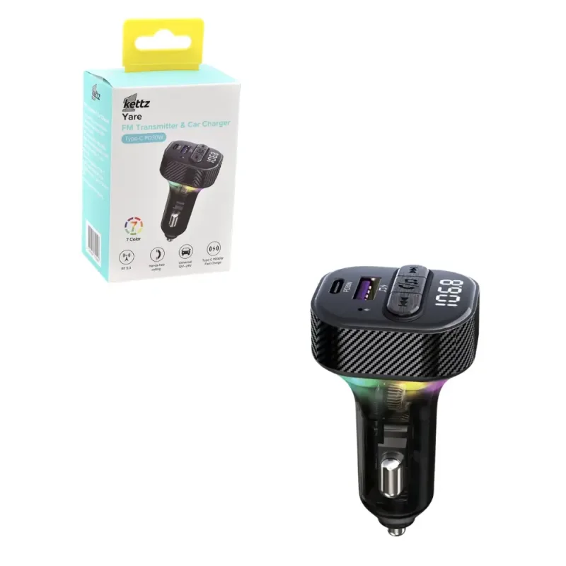 Kettz FM Transmiter i Punjač Yare – QC3.1 + Type-C PD30W, LED