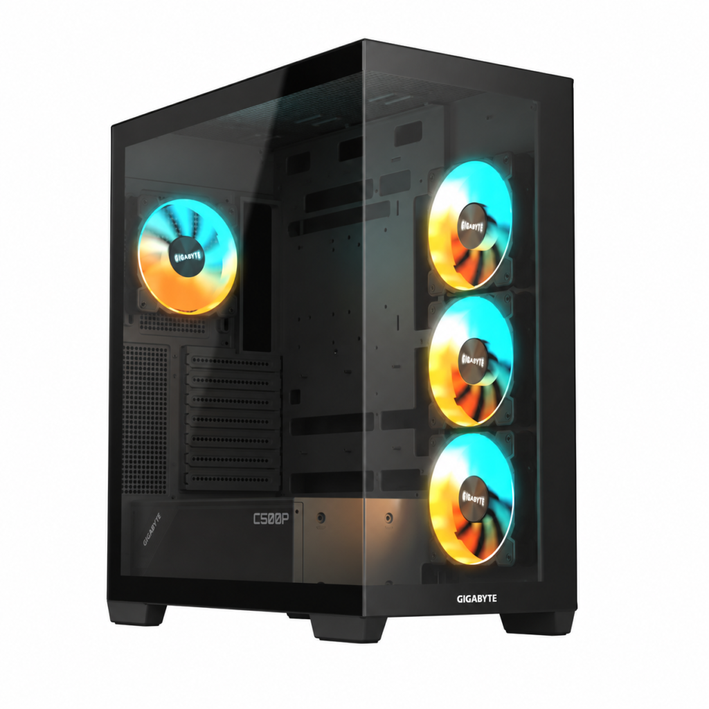Gigabyte GB-C500P ST kućište, pogled spreda i sa strane, bela pozadina