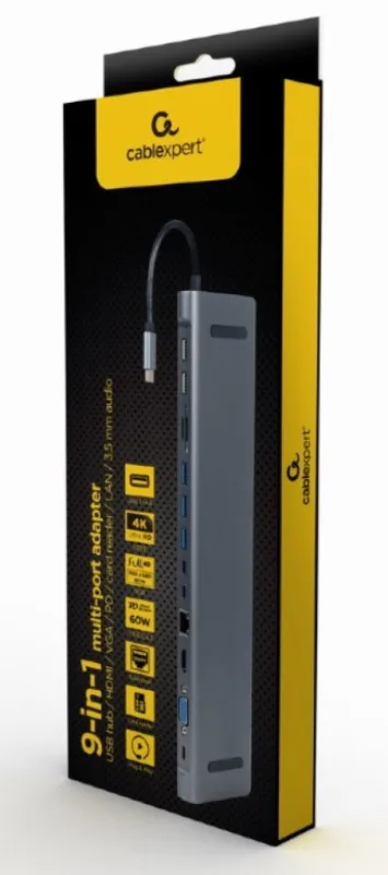 Gembird USB Type-C 9-in-1 multi-port adapter USB hub+HDMI+VGA+PD+card reader+LAN+3.5m (A-CM-COMBO9-01)