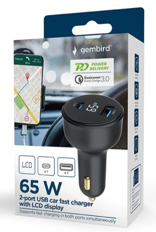 Gembird 2-port USB brzi punjač za auto, Type-C PD, LCD, 65W, black (TA-UC-AC2PD65LCD-CAR-01)