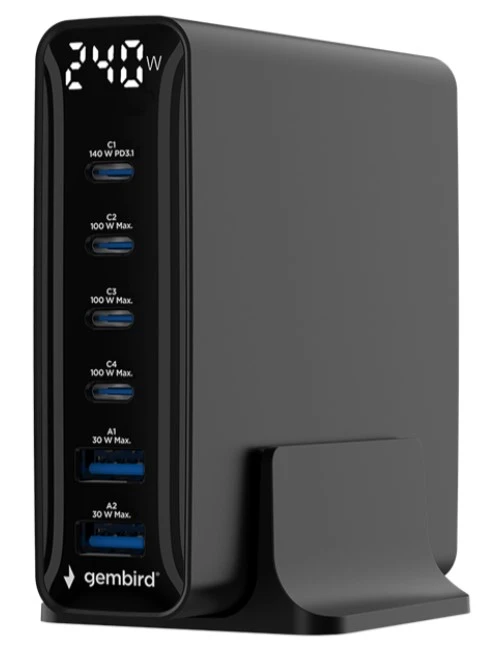 Gembird 6-port 240 W GaN USB fast charger, black (TA-UC-2A4C-PD240-01-BK)