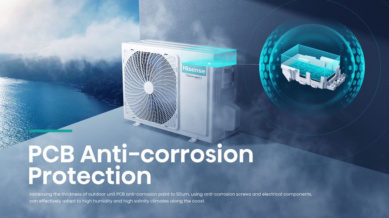 Hisense HB35XU0AG inverter klima uređaj | UNI HB 21 Hisense HB35XU0AG inverter klima uređaj | UNI HB Hisense HB35XU0AG — PCB Anti-corrosion Protection(Uni HB White)